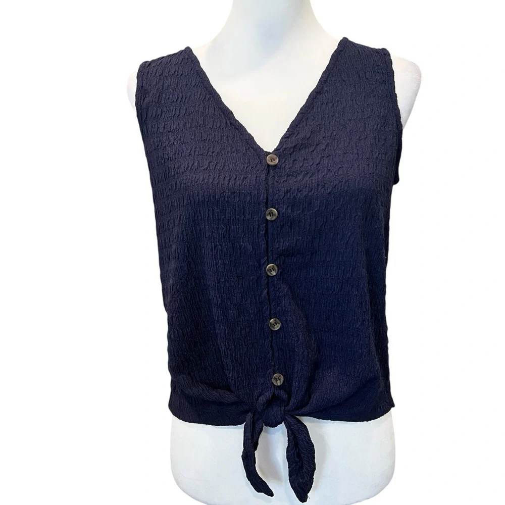 Sanctuary Link Up Button Front Tank Top Textured Tie Hem V Neck Blue S NWT - Picture 2 of 11